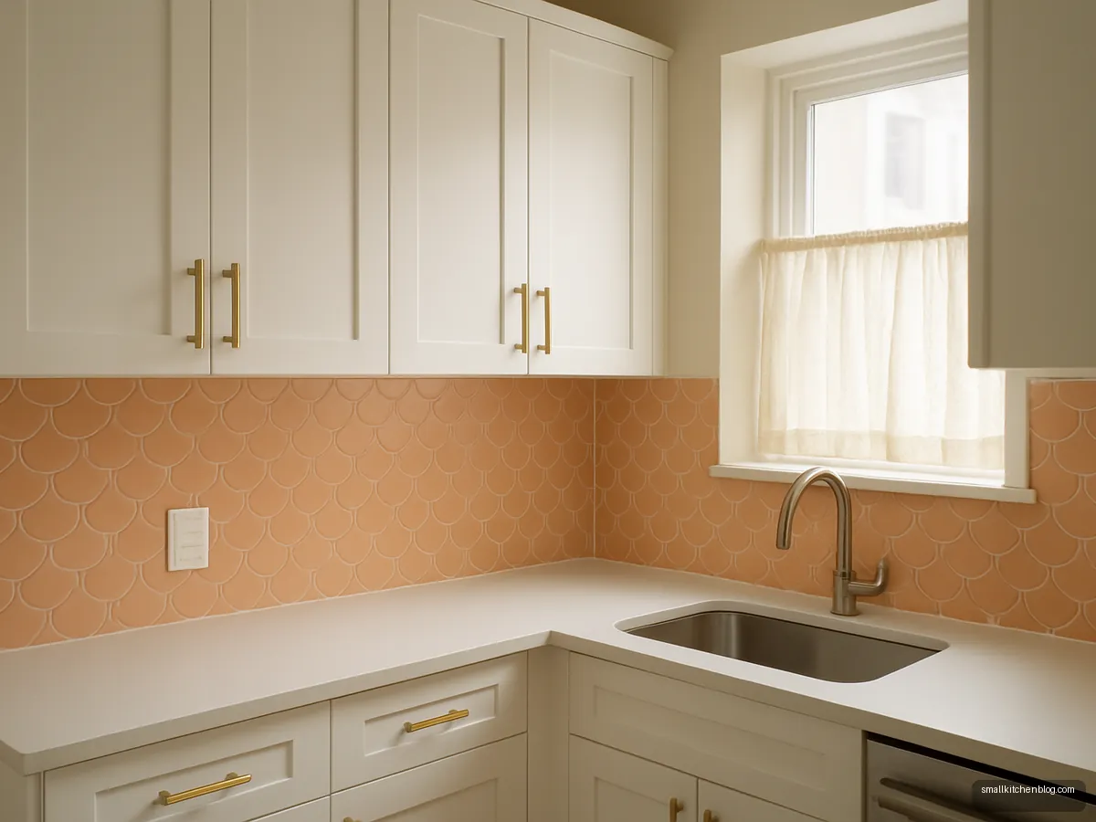 Peach fish-scale shaped tile backsplash in a small white kitchen