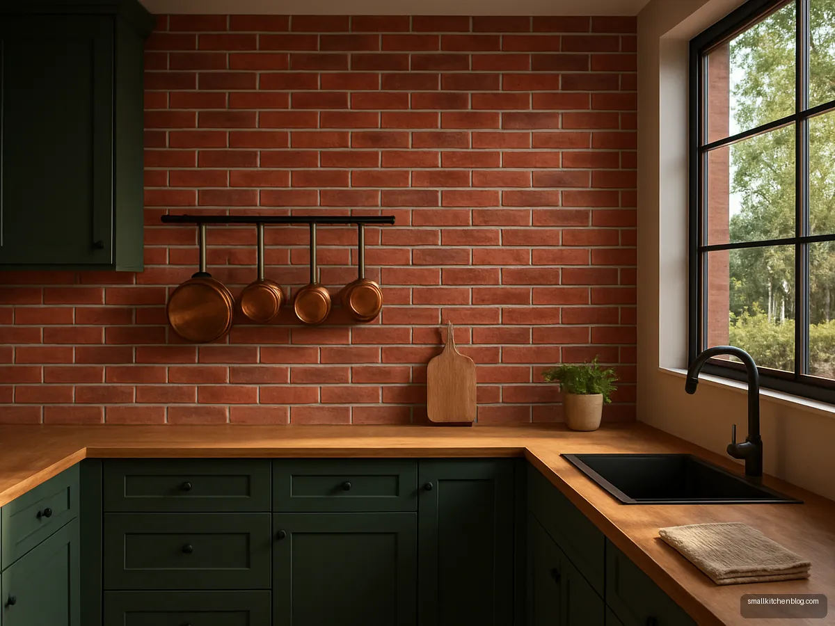 Red brick-look tile wall with dark green cabinets