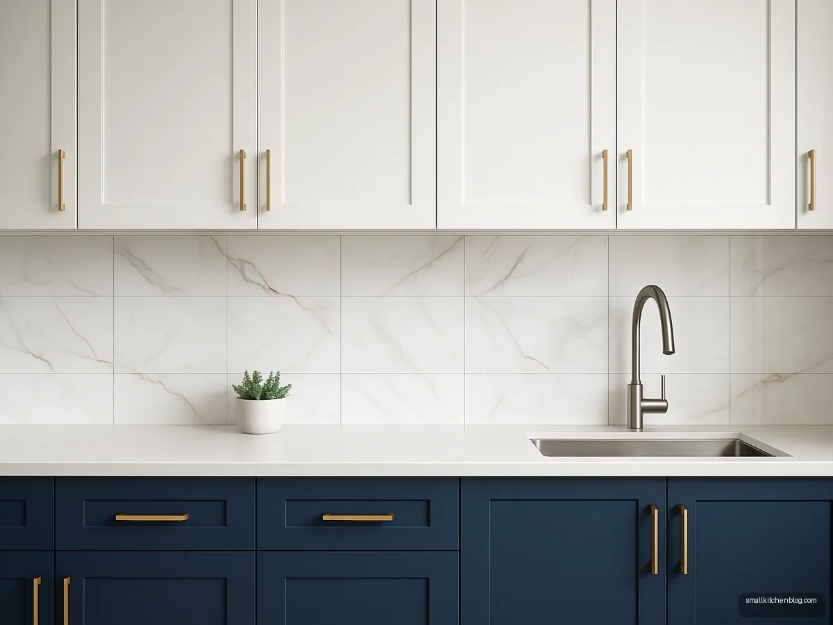 White marble-look tile backsplash above navy cabinets