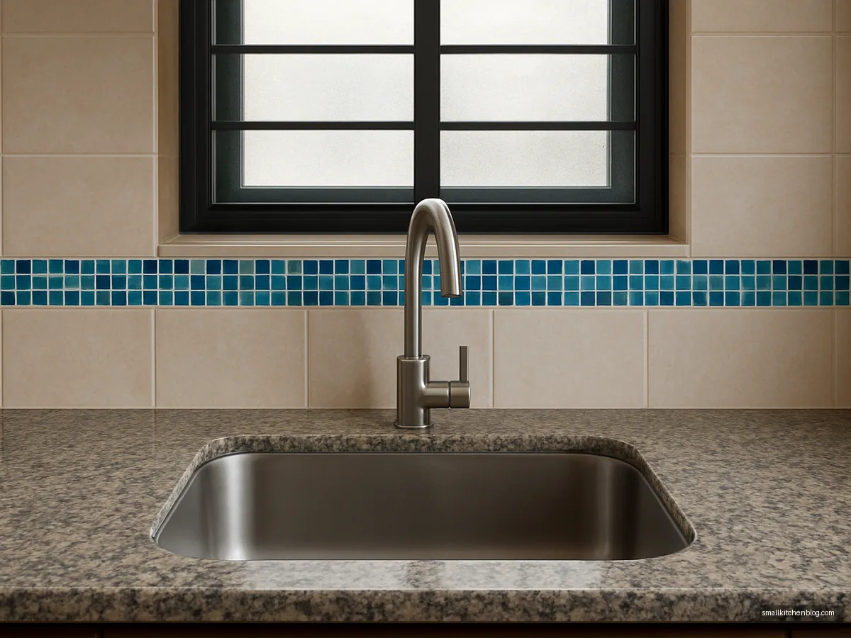 Glass mosaic tile band above a kitchen sink