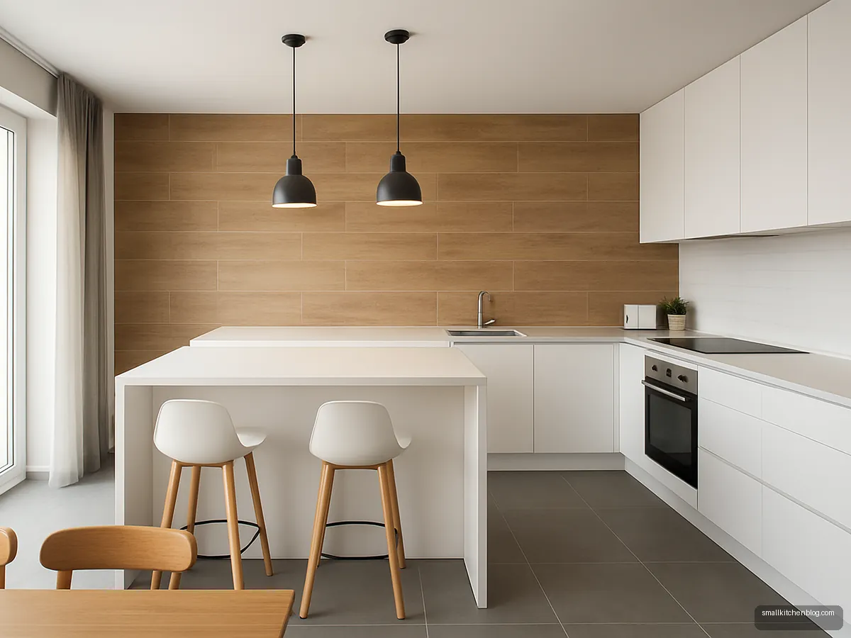 Wood-look plank tiles on a kitchen wall beside a breakfast bar