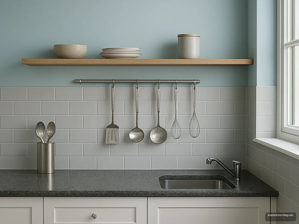 Grey tiles to backsplash height with blue painted wall above