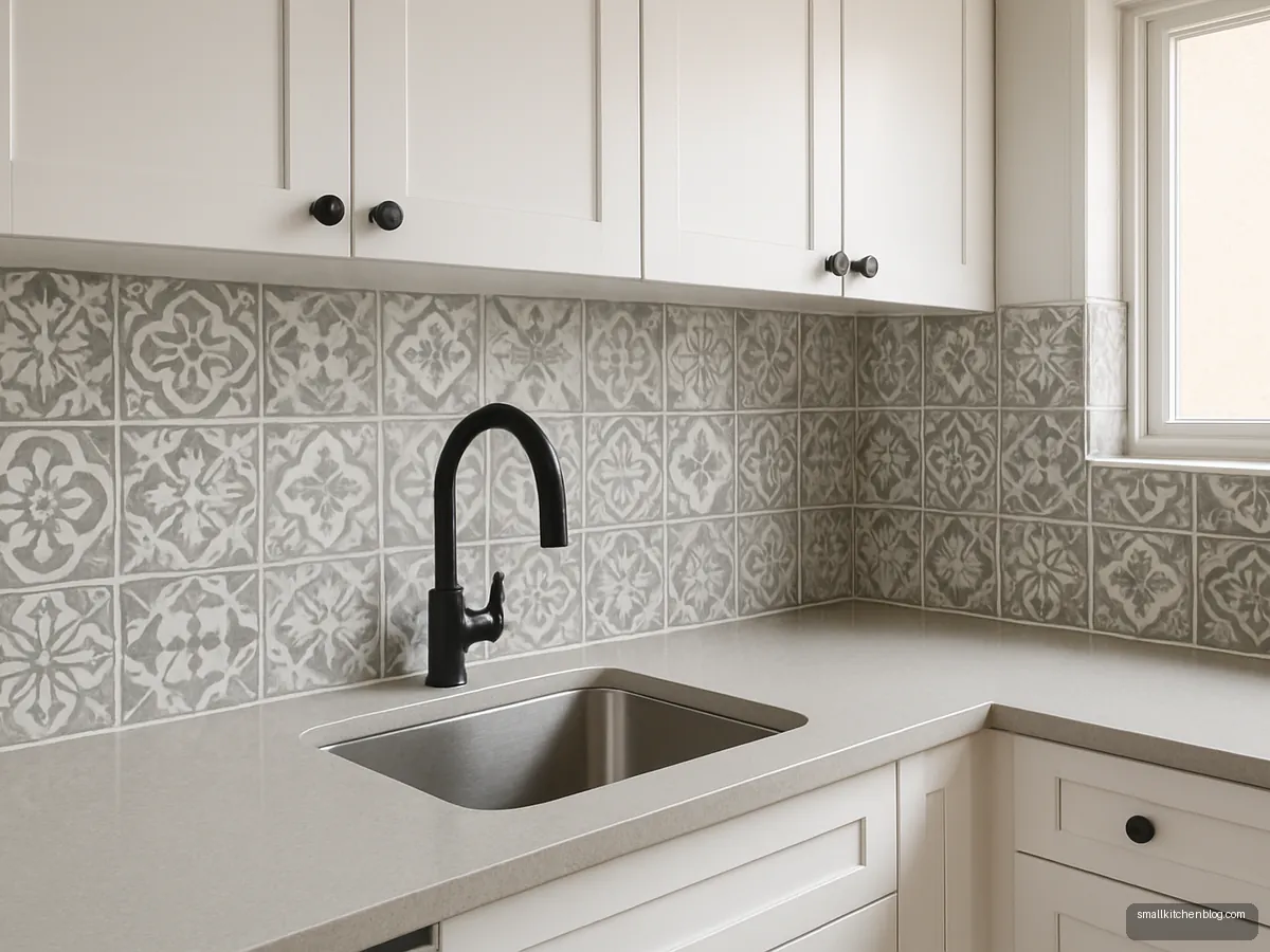 Grey and white patterned tile backsplash with shaker cabinets