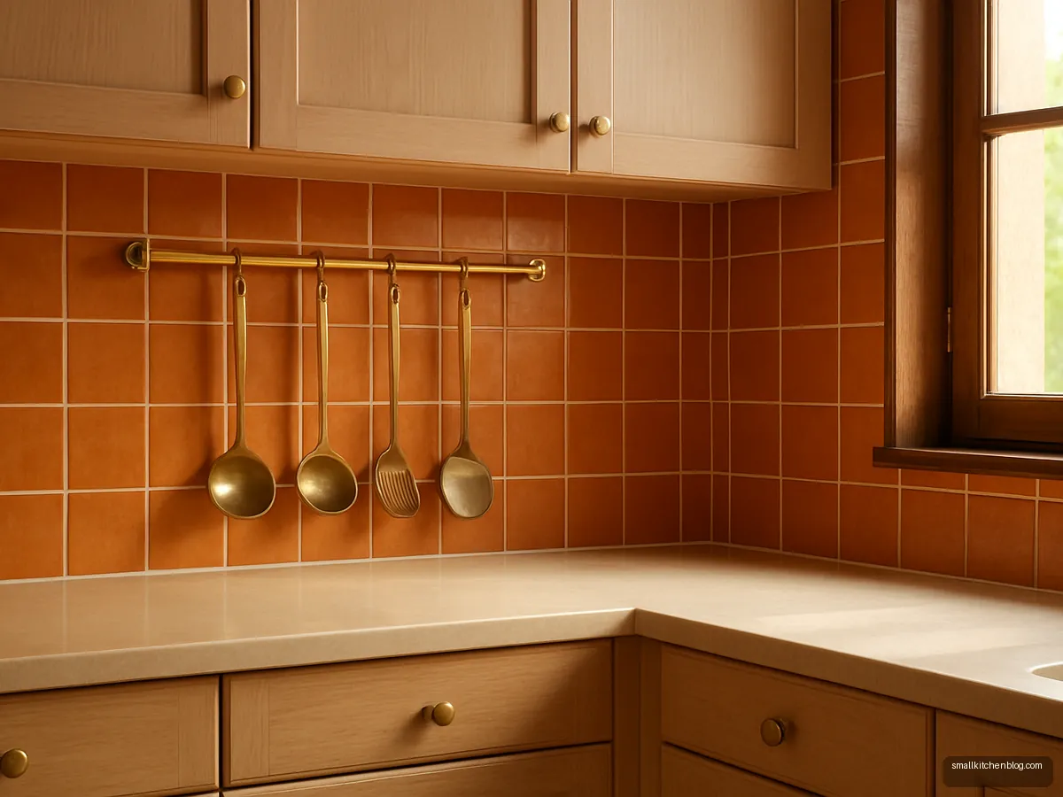 Terracotta orange square tiles with light wood cabinets