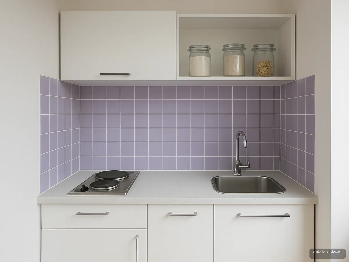 Lavender gloss square tiles in a studio kitchenette