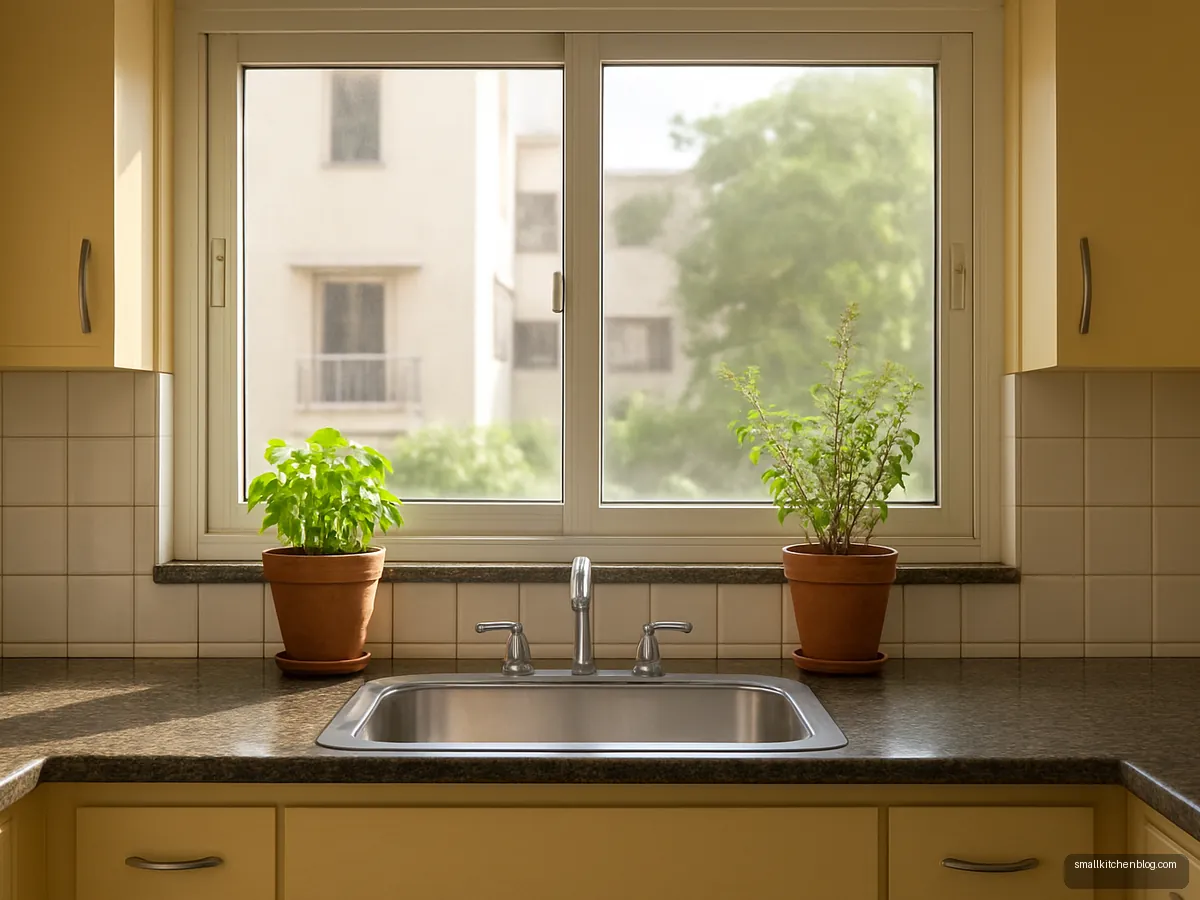 Wide sliding window above a kitchen sink with herbs on the sill