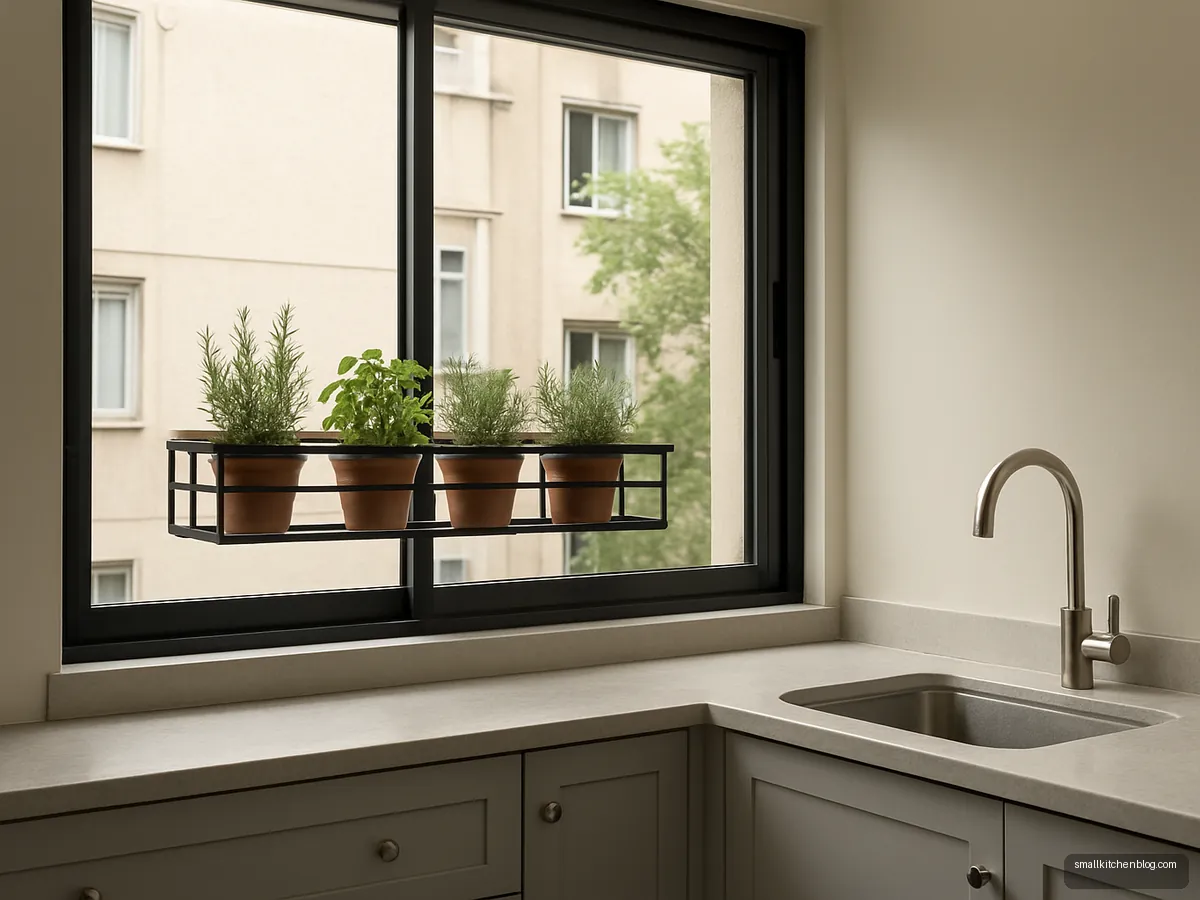 Black box window grill with planter ledge in a kitchen