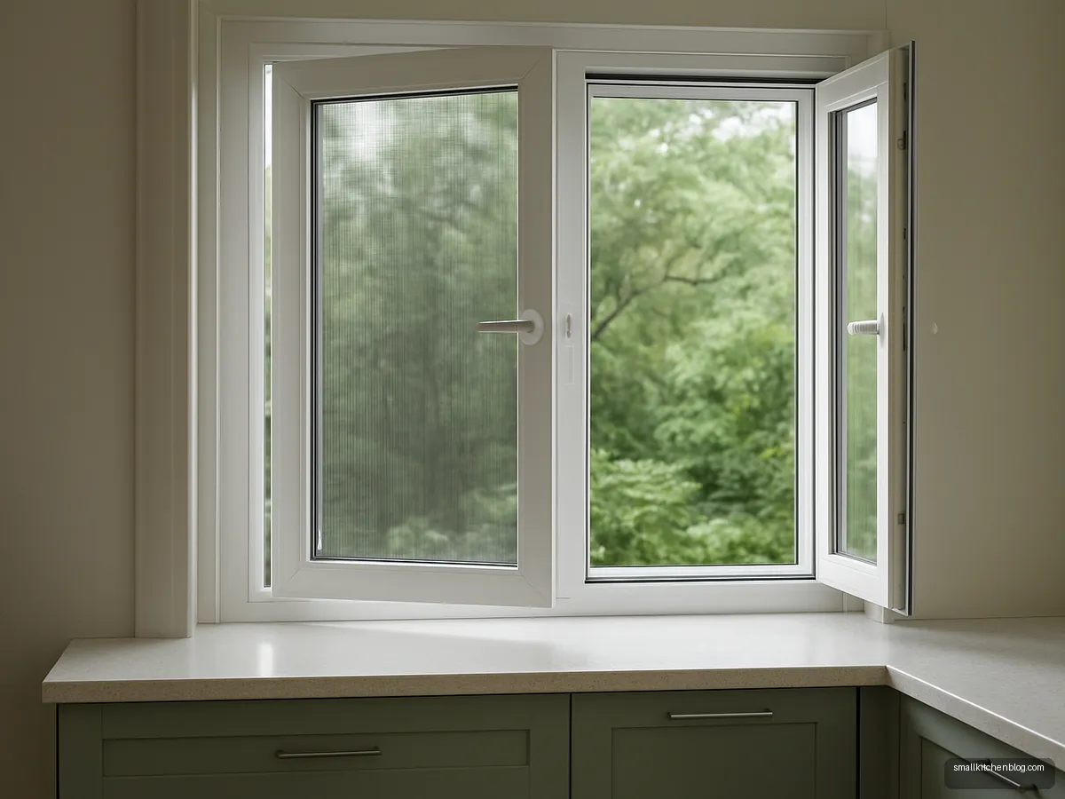 Open casement kitchen window with pleated mosquito mesh