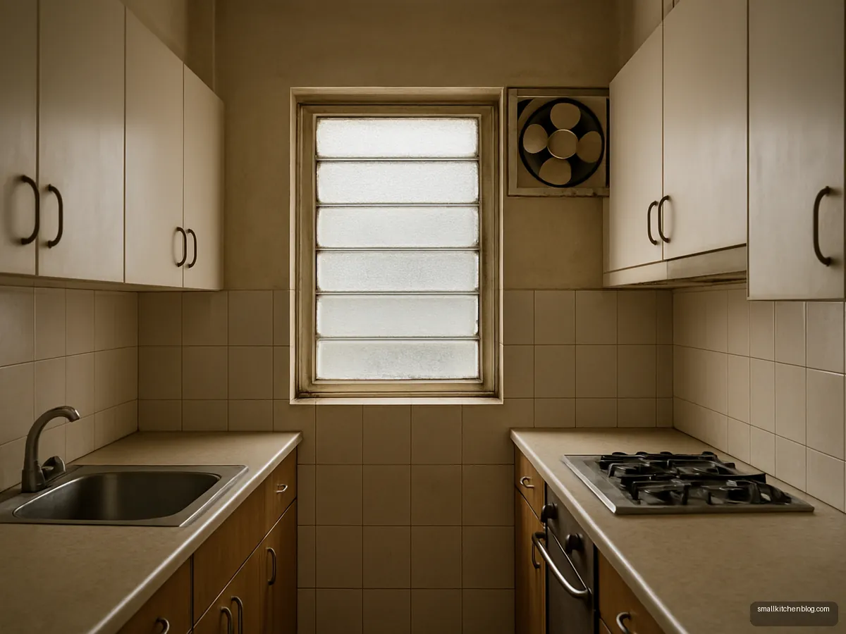 Frosted glass louvre window in a narrow galley kitchen