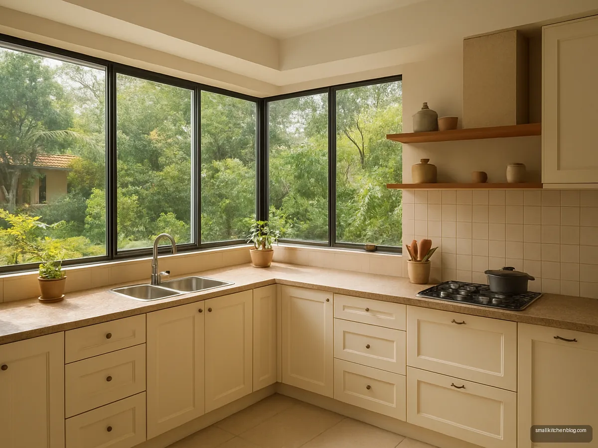 Corner window wrapping an L-shaped kitchen counter