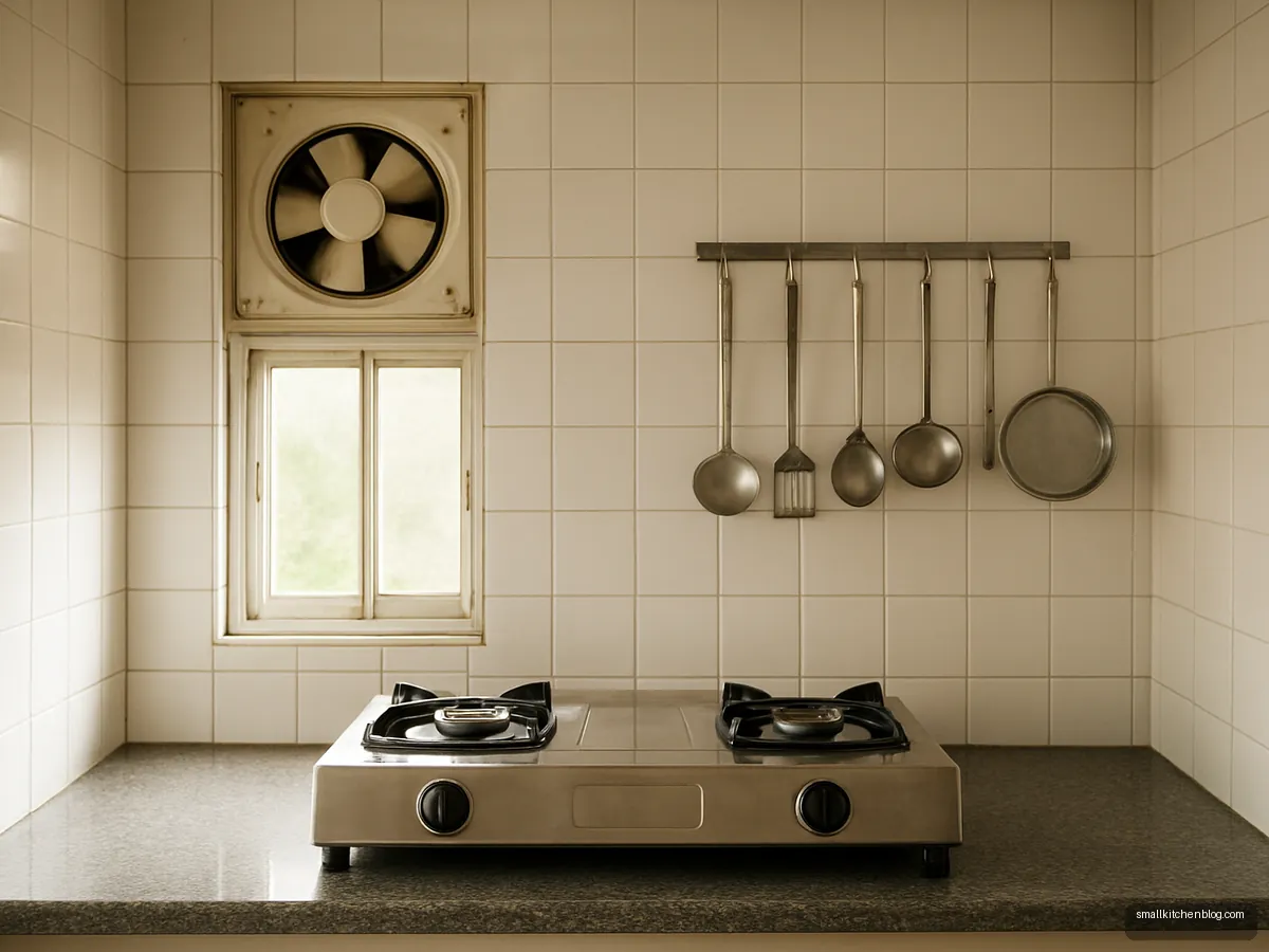 Window and exhaust fan beside a gas stove