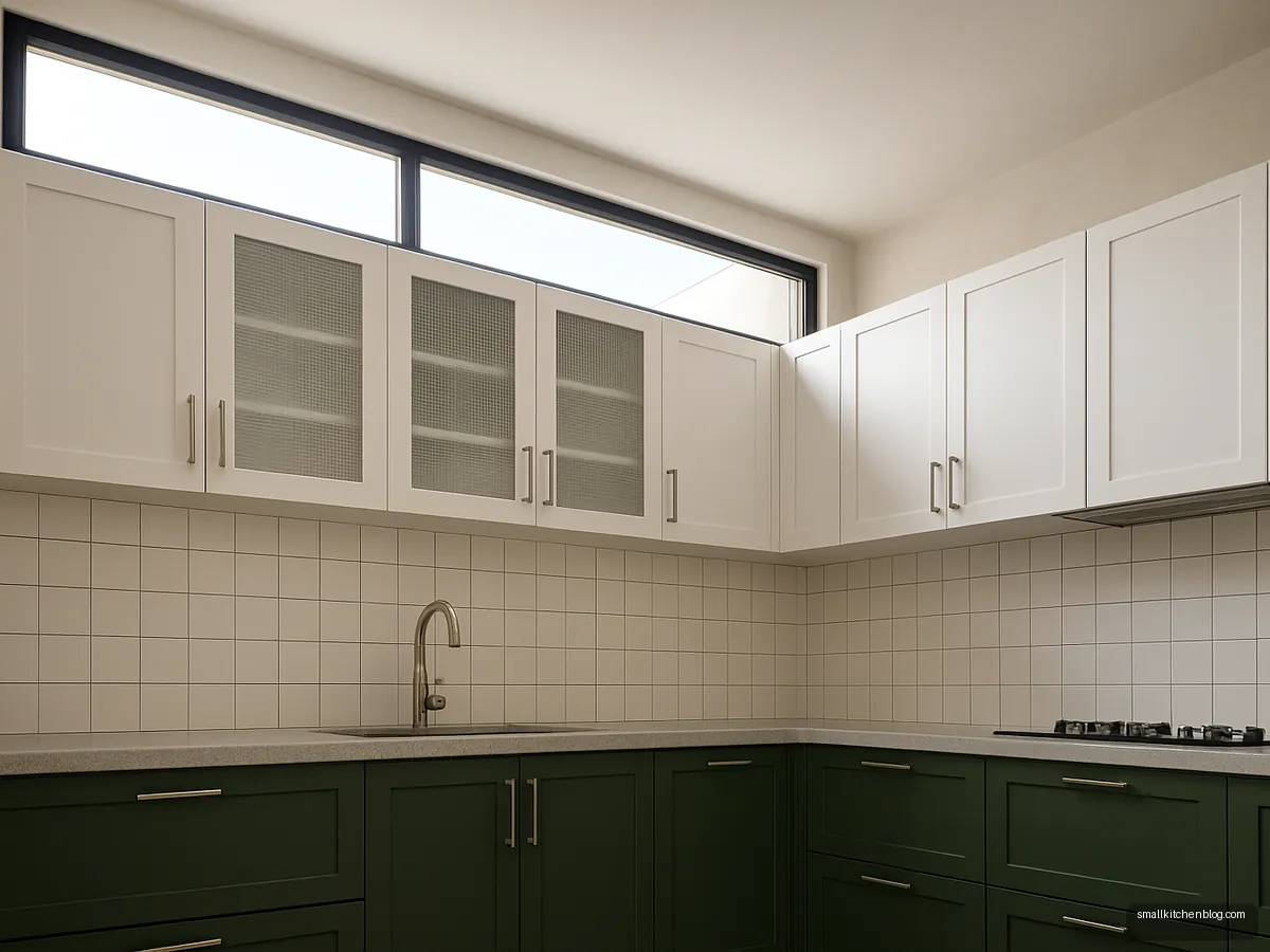 High ventilator strip window above kitchen wall cabinets