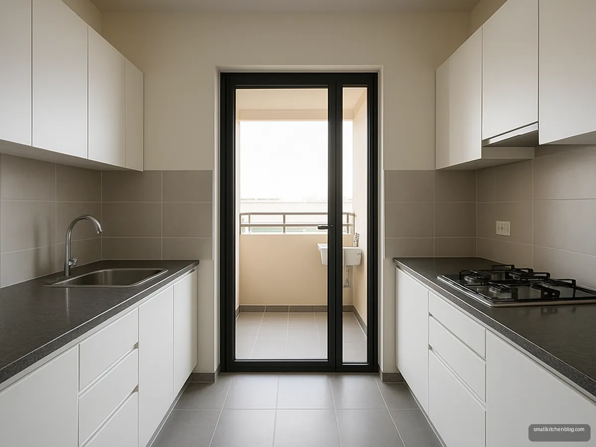 Glazed door to utility balcony acting as a kitchen window