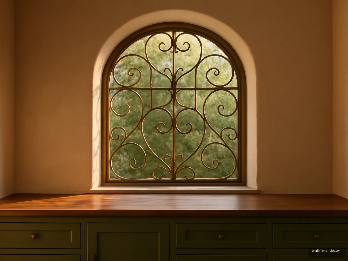 Arched kitchen window with brass-finish decorative grill