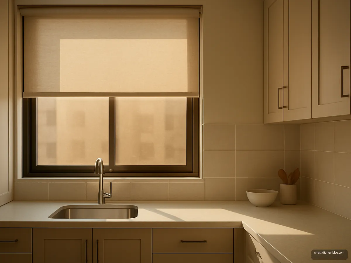Tinted kitchen window with roller blind on a sunny wall
