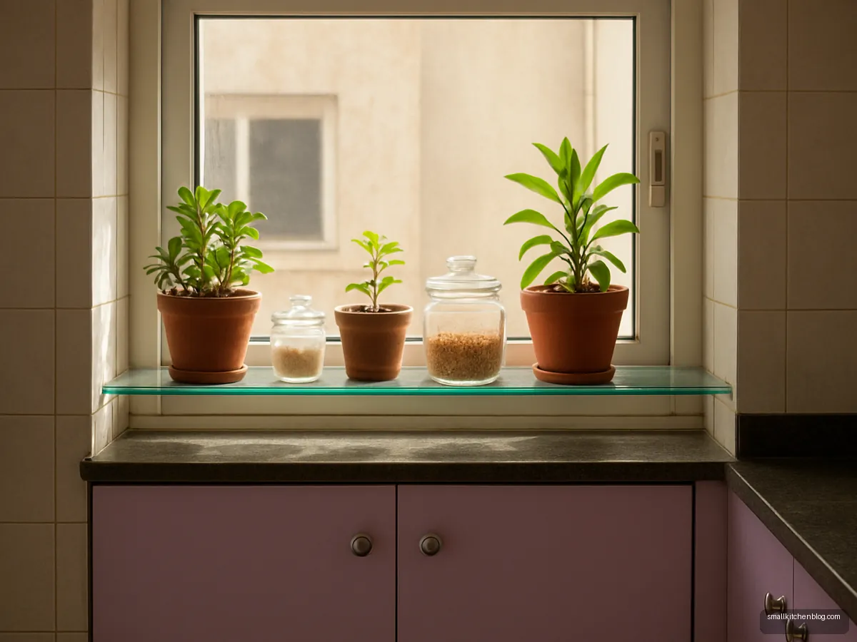 Glass shelf across a kitchen window with plants