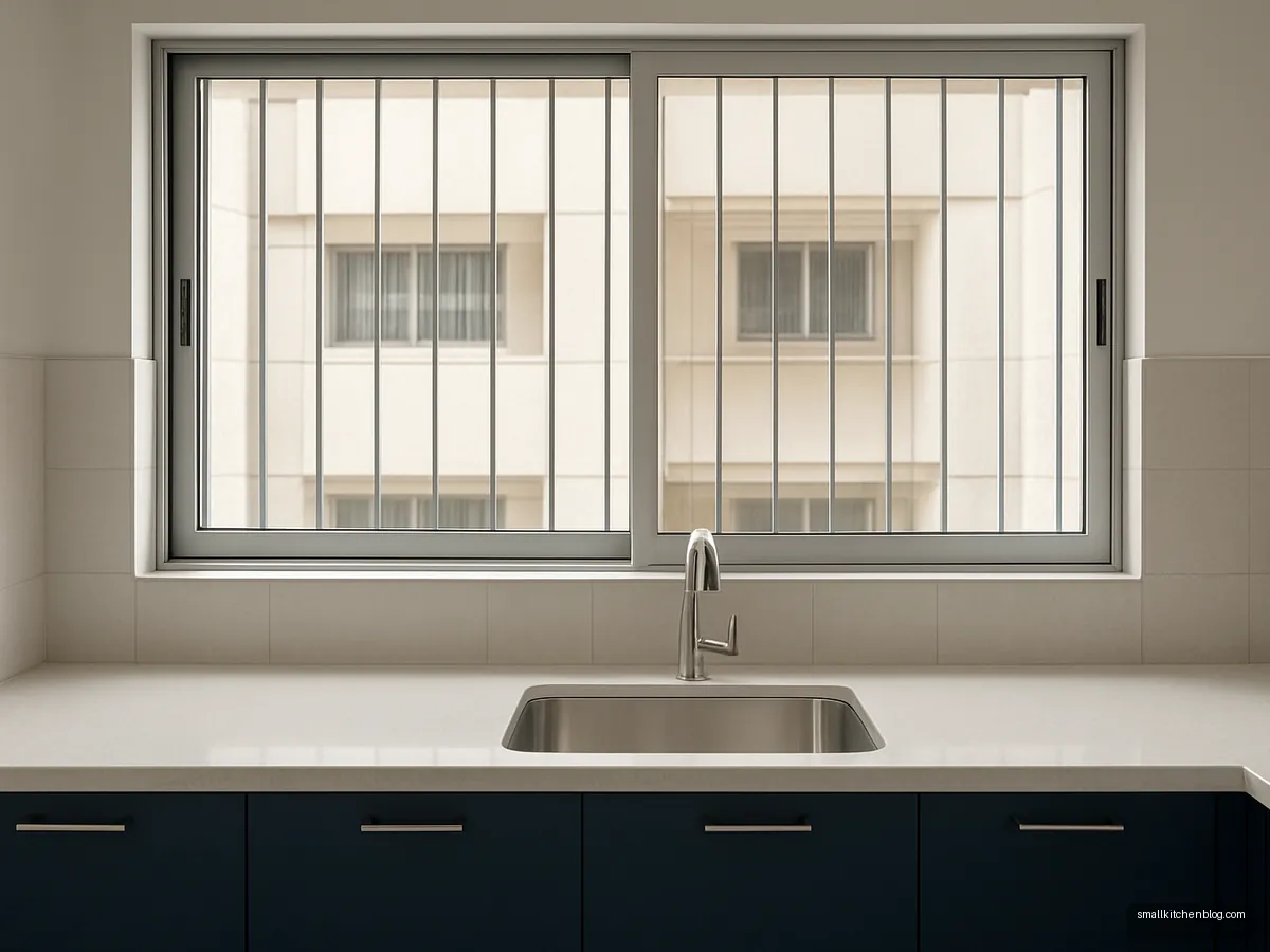 Kitchen window with minimal vertical bar grill