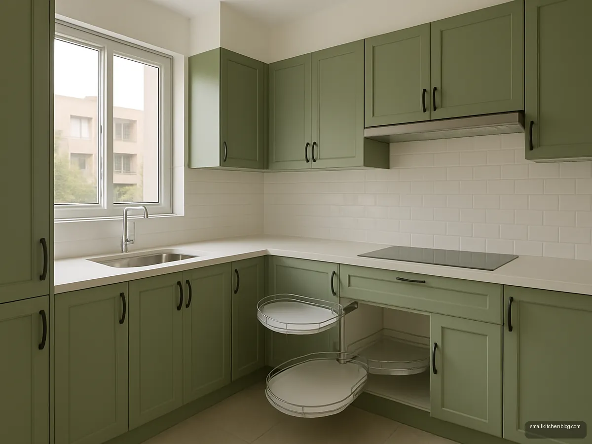 Sage green L-shaped kitchen with open corner carousel