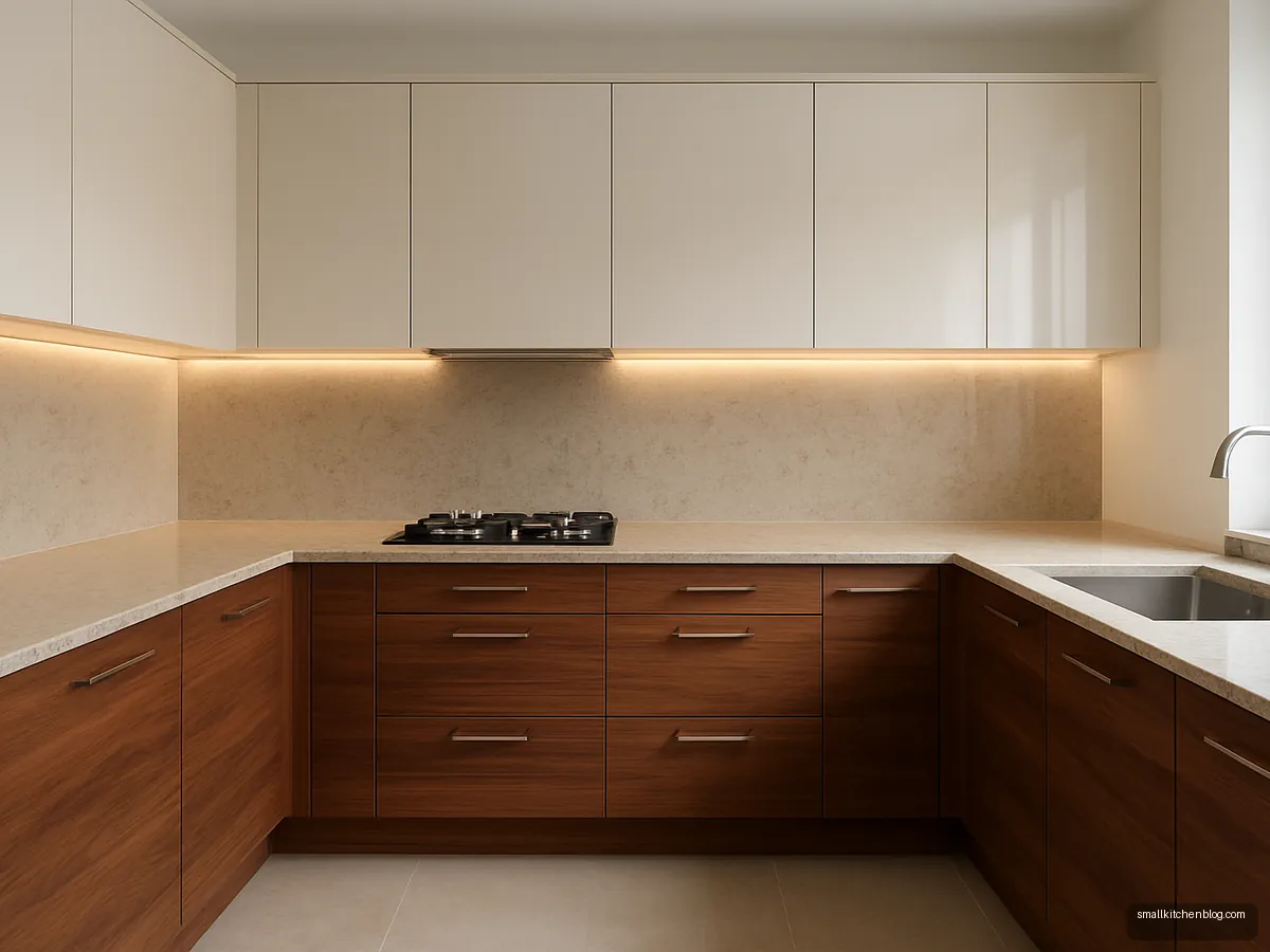 Walnut and cream L-shaped kitchen with beige granite