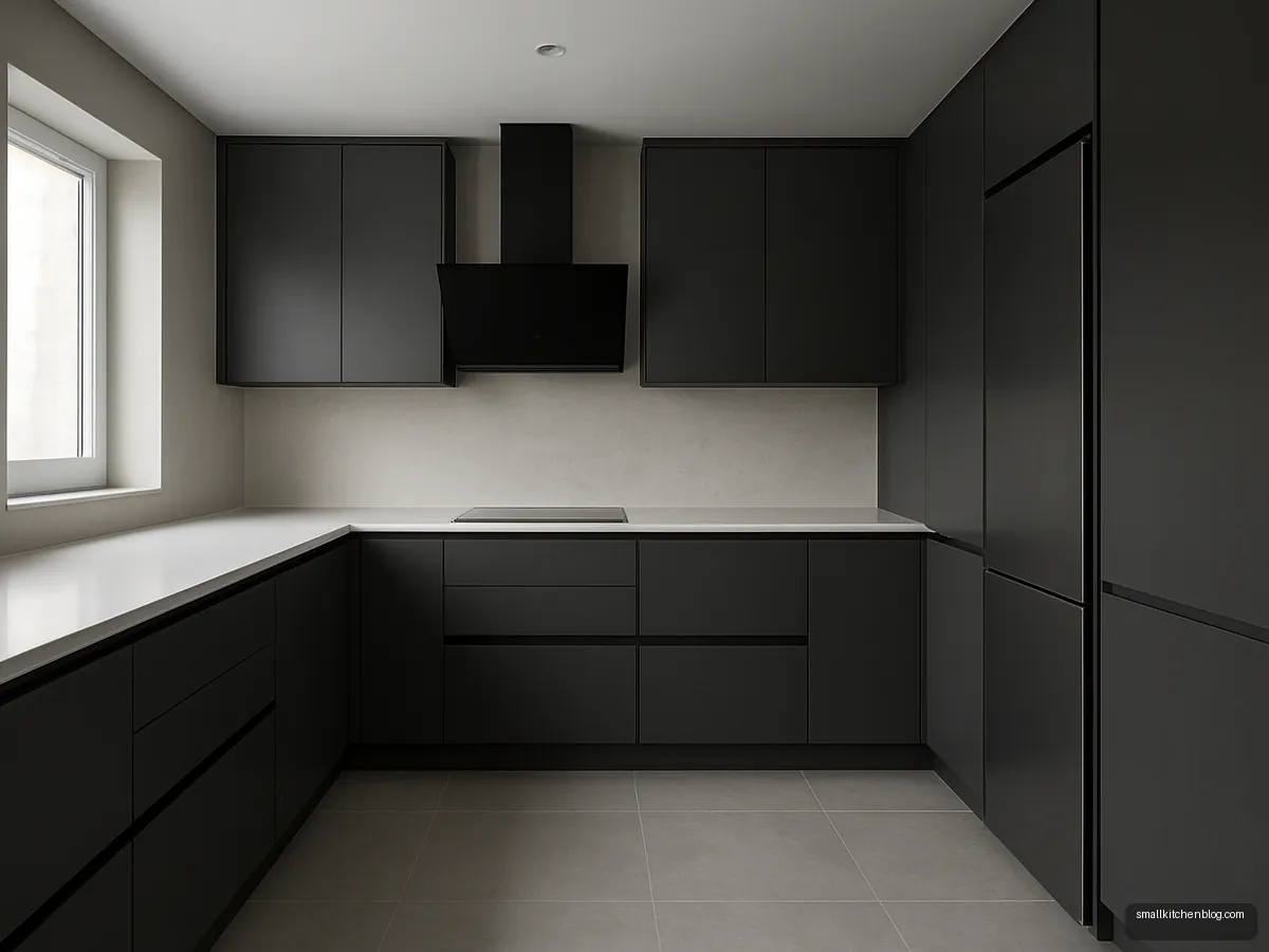 Graphite L-shaped kitchen ending in a tall pantry unit