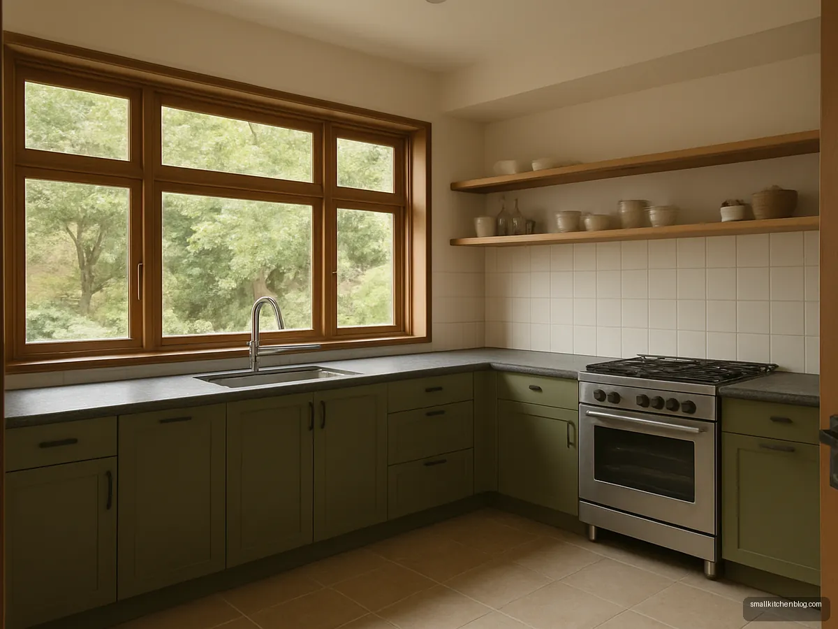 Bungalow L-shaped kitchen with a long window run