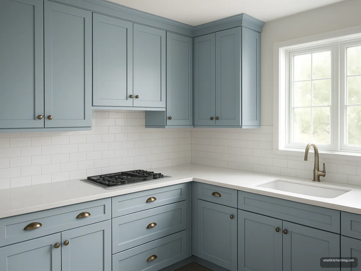 Powder blue shaker L-shaped kitchen with brass handles