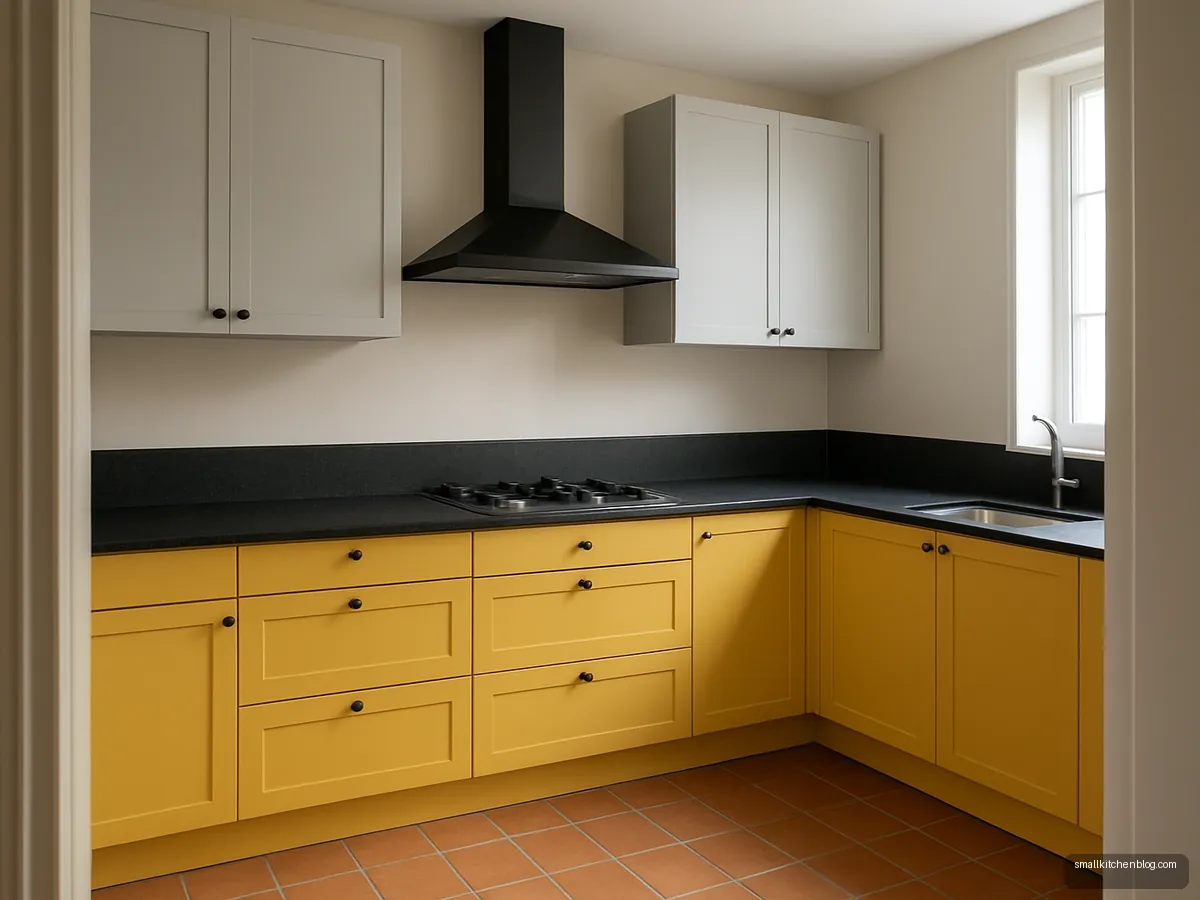 Mustard and grey L-shaped kitchen with black granite