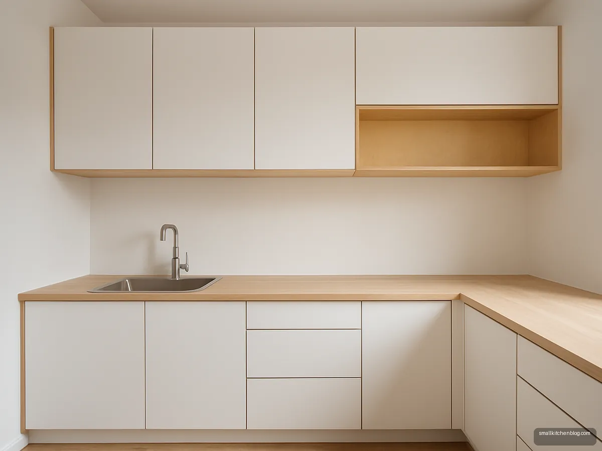 Minimal white L-shaped kitchen with plywood edges