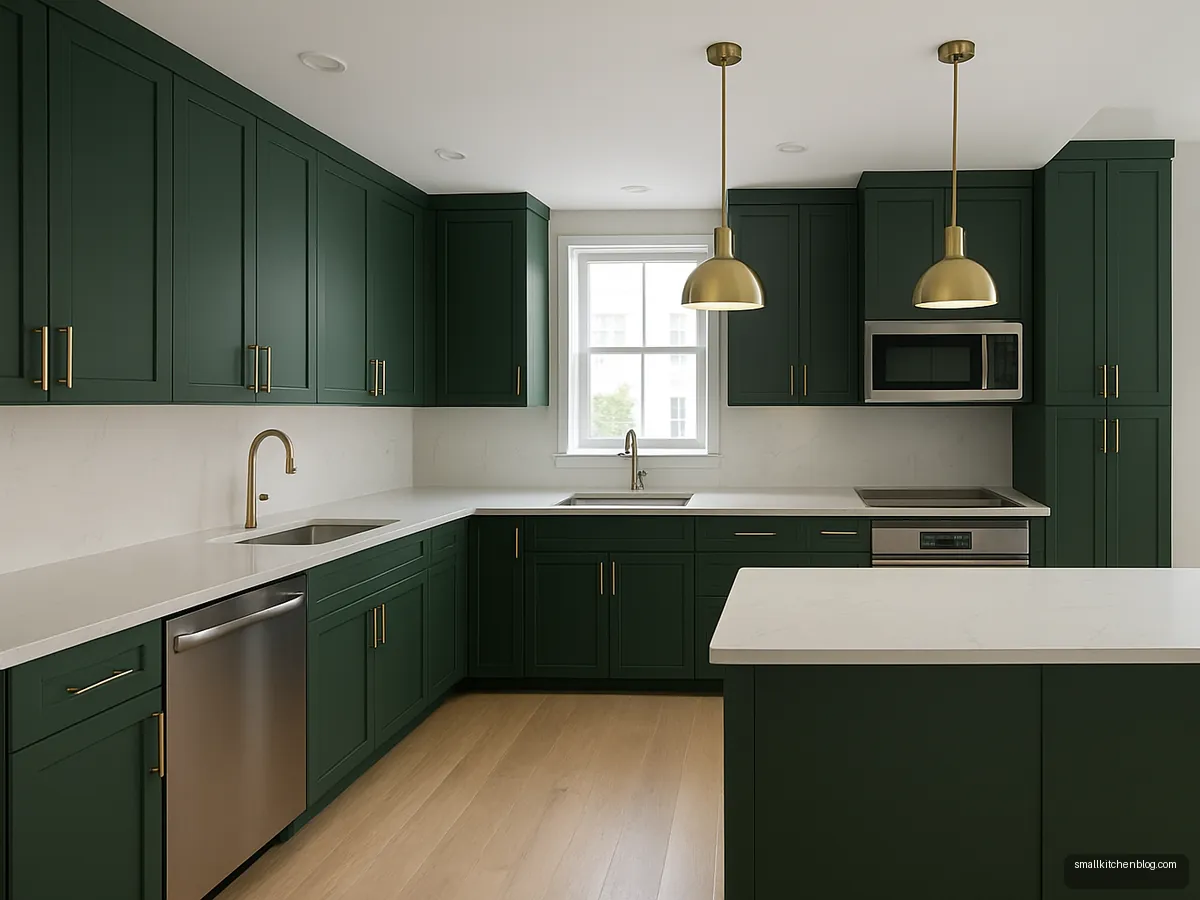 Forest green L-shaped kitchen with brass handles