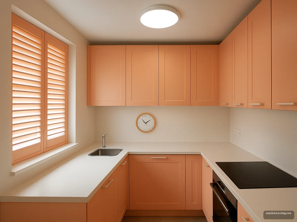 Pastel peach L-shaped kitchen with white counter
