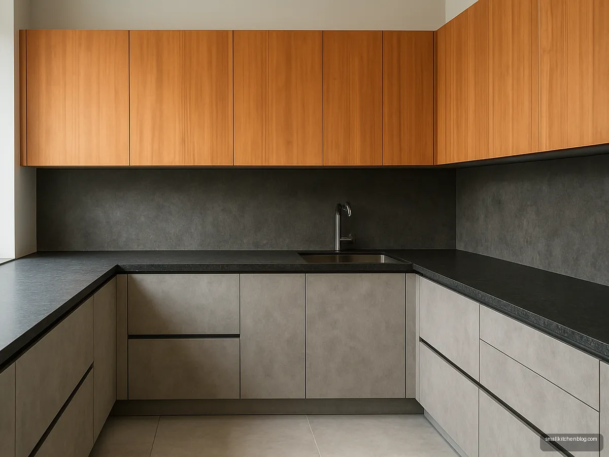 Concrete grey and teak L-shaped kitchen