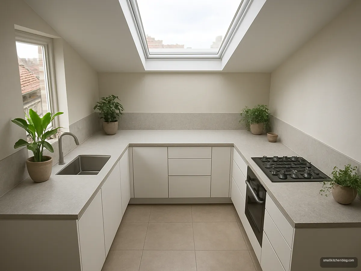 Skylit L-shaped kitchen with white drawers