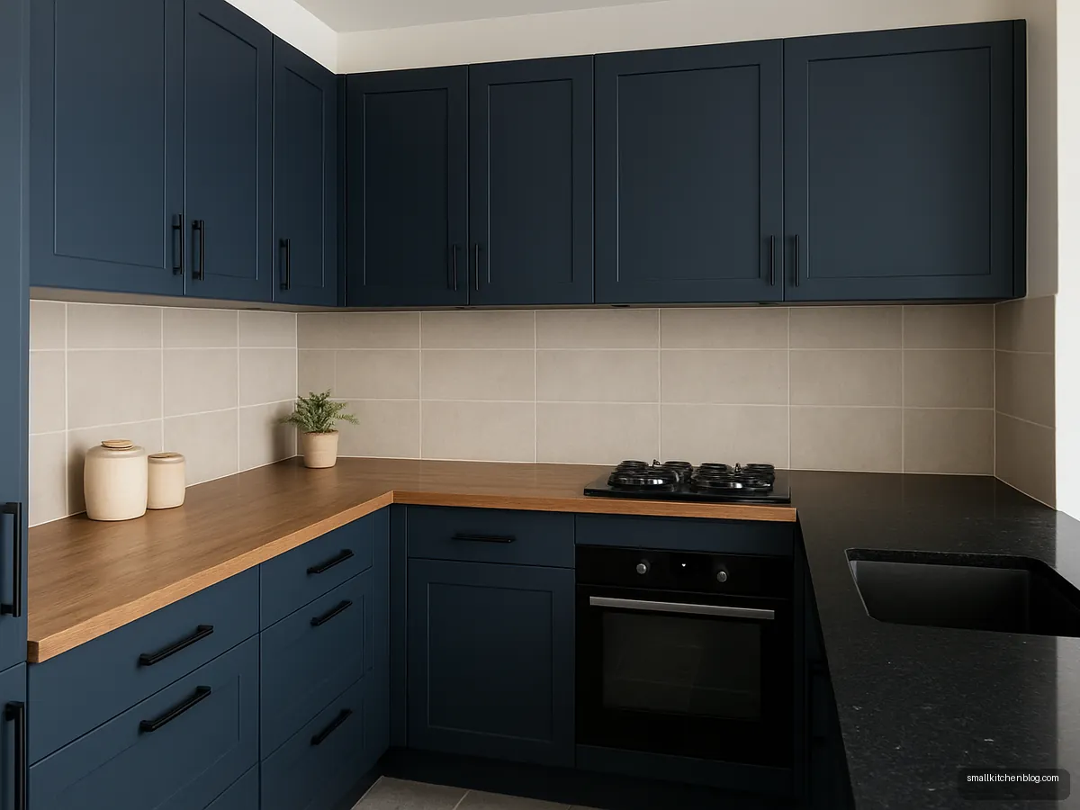 Indigo L-shaped kitchen with wood-look and granite counters