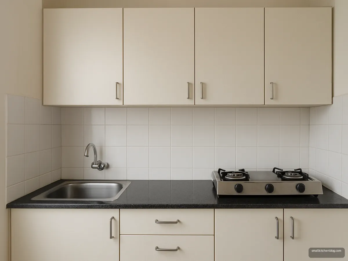 Budget straight kitchen with off-white laminate shutters and black granite counter