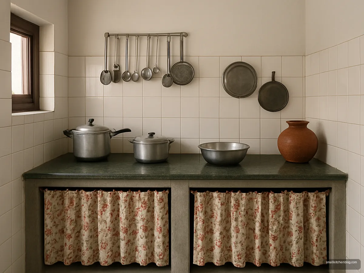 Cement kitchen platform with printed cotton curtains under the counter