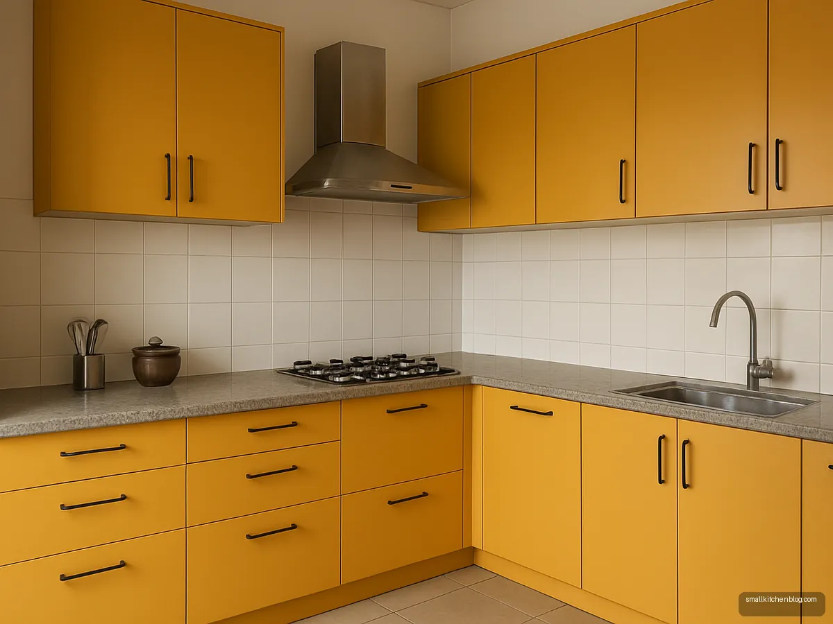 Older kitchen refreshed with mustard yellow laminate shutters