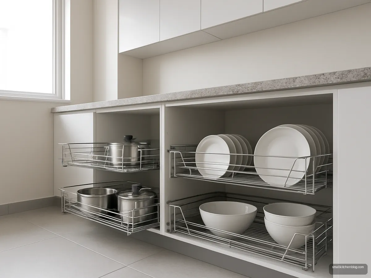 Open base units with stainless steel wire baskets under a grey granite counter
