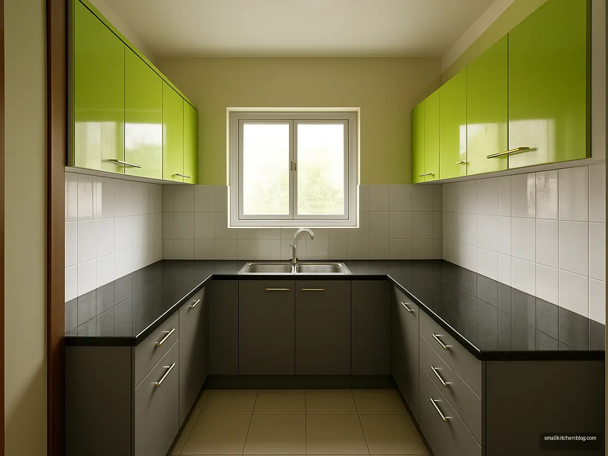 Budget L kitchen with grey base and lime green upper cabinets