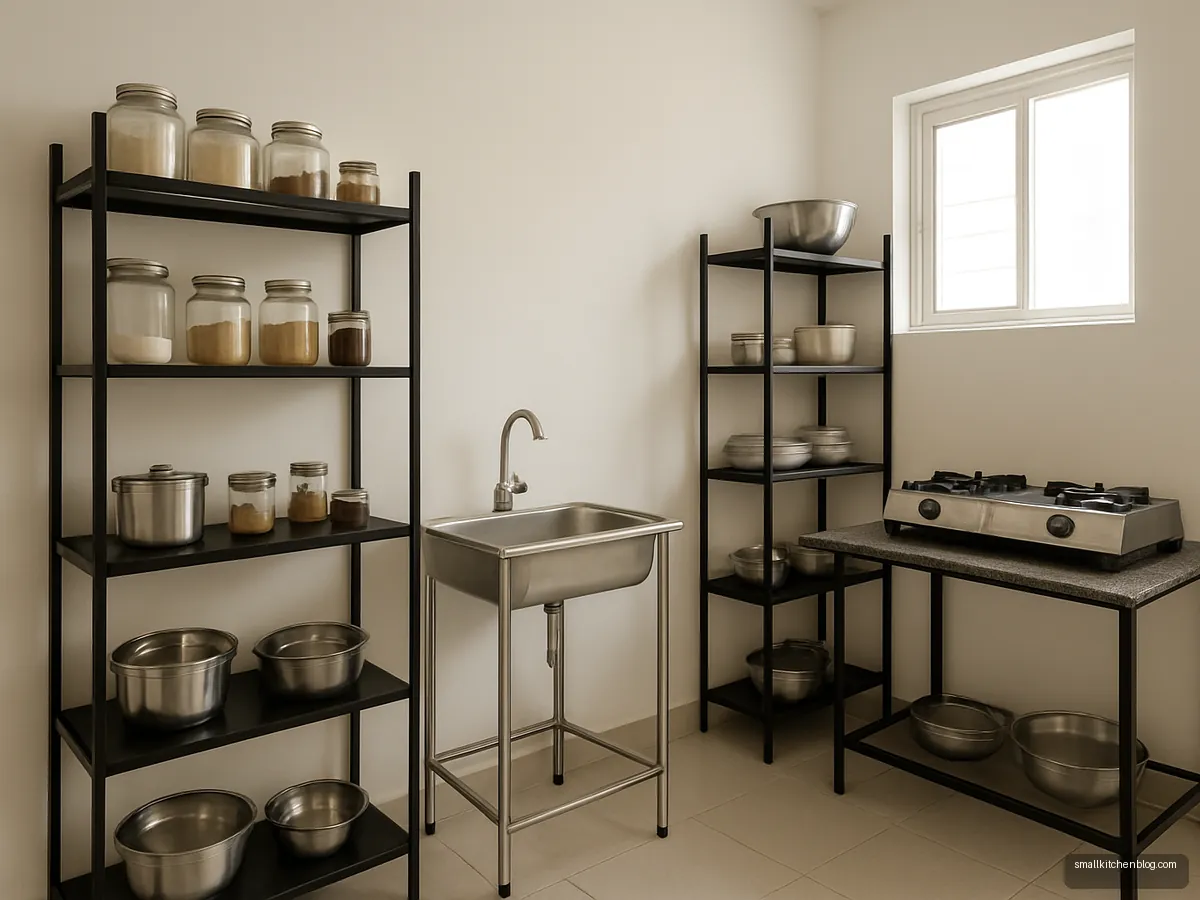 Rental kitchen furnished with freestanding black metal racks and a sink stand