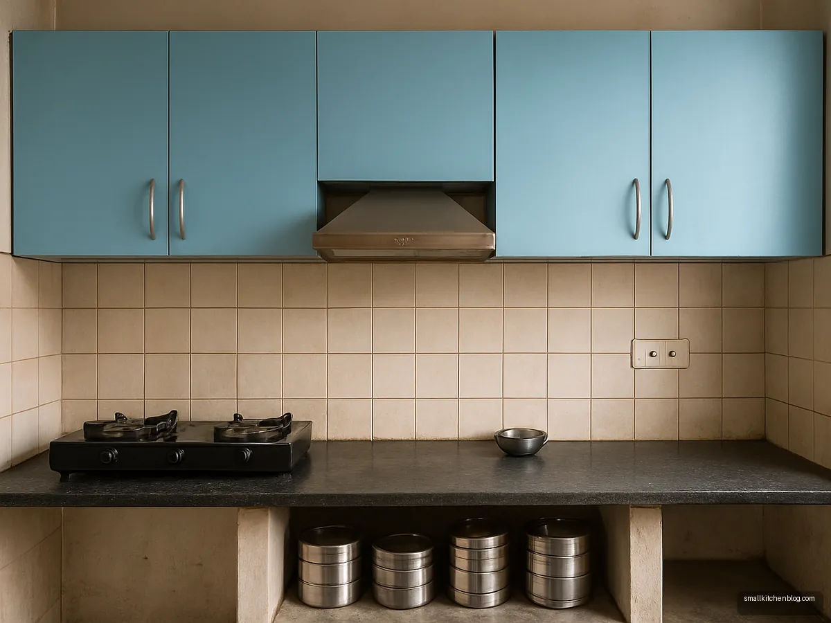 New sky blue wall cabinets above an old granite kitchen counter