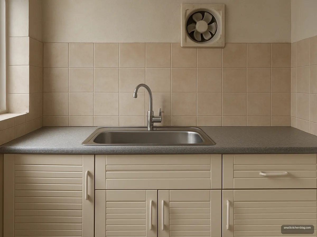 Cream PVC board sink cabinet under a steel sink and grey granite