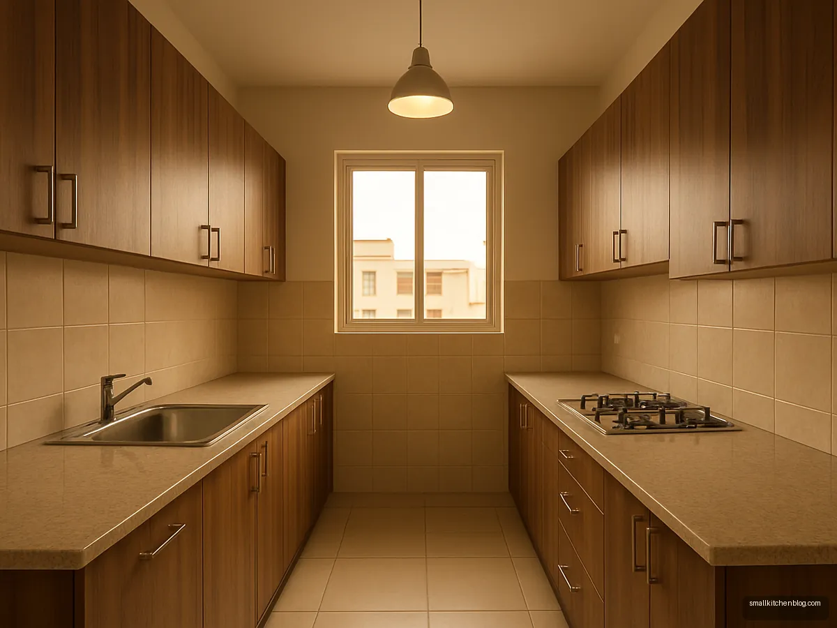 Parallel kitchen with walnut-look laminate cabinets and beige granite