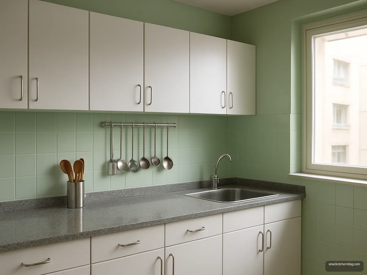 Kitchen with old wall tiles painted soft pistachio and white cabinets