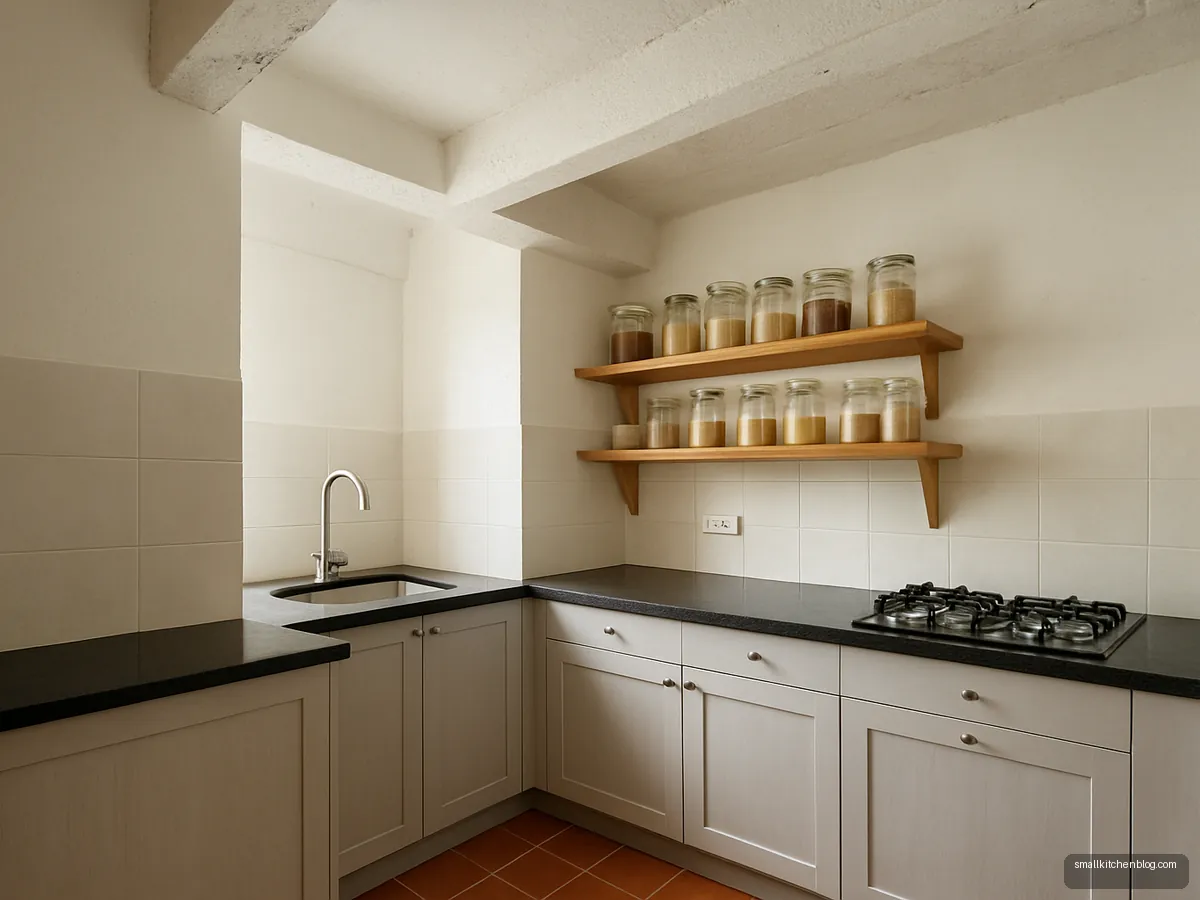 Small L kitchen with masonry loft and corner open shelves