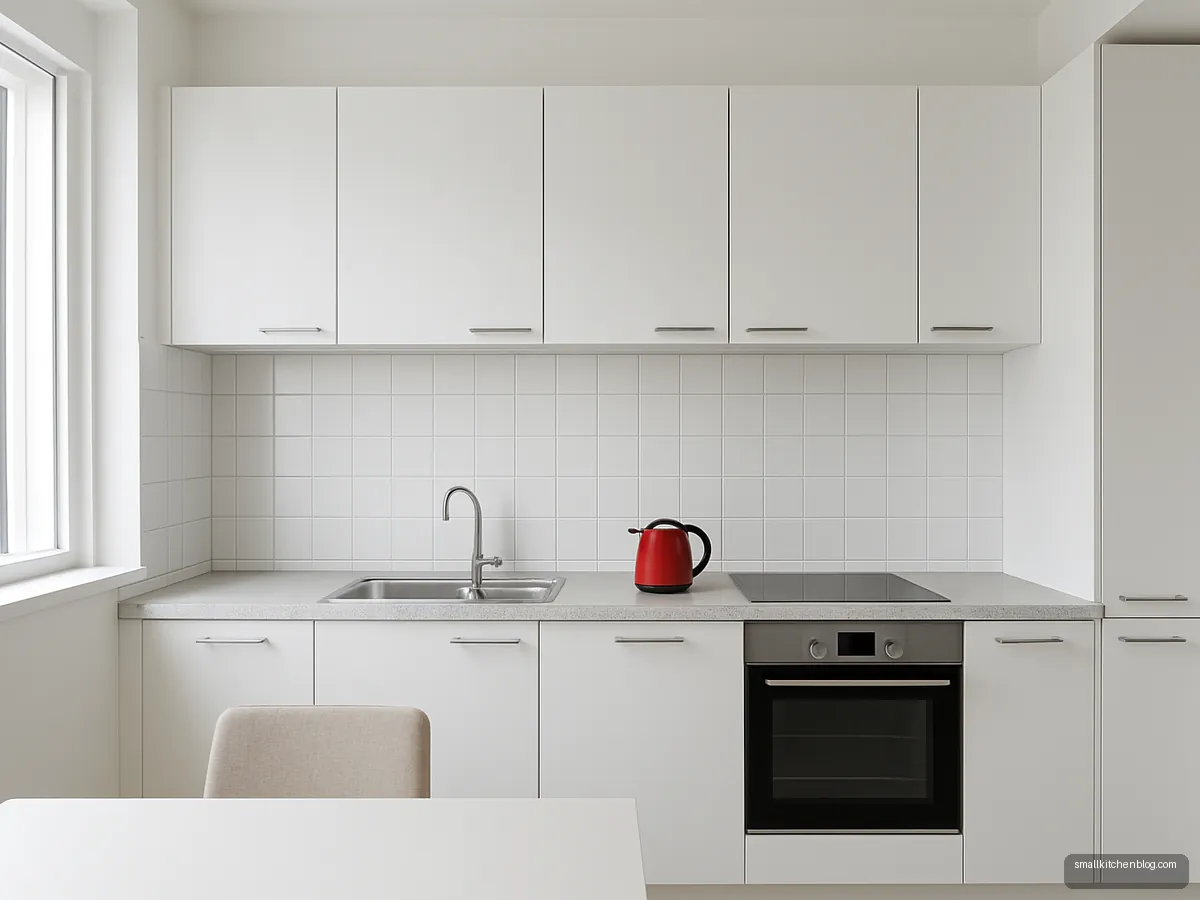 All white matte laminate budget kitchen with aluminium handles