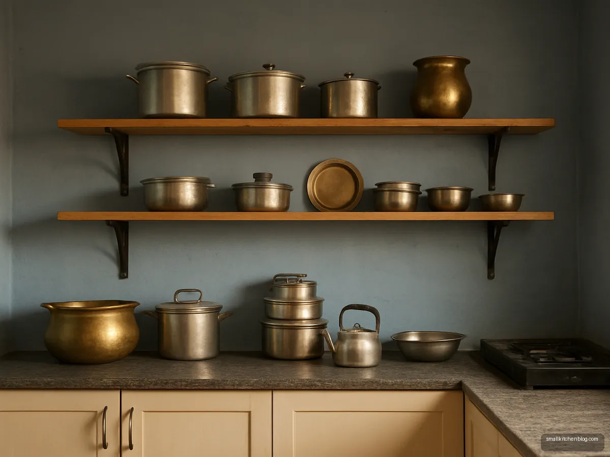 Pine plank shelves with steel and brass vessels on a blue-grey wall