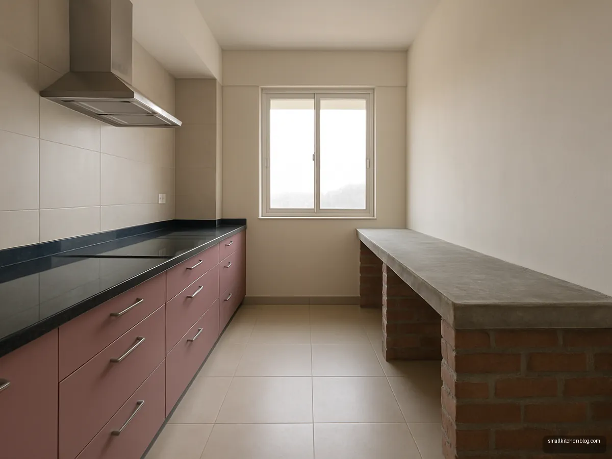 Parallel kitchen with one finished rose laminate side and one plain slab side