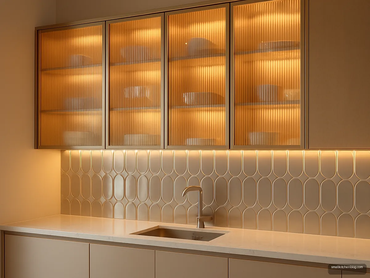 Fluted glass upper cabinets with champagne frames over beige units