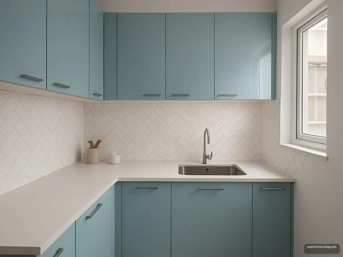 Sky blue glossy compact kitchen with white quartz counter