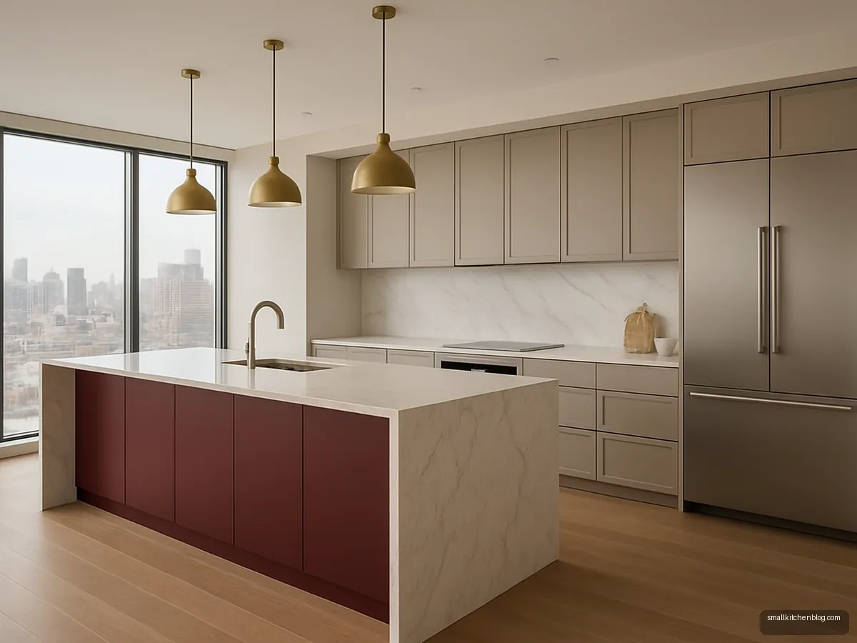 Burgundy kitchen island with marble-look top in a penthouse